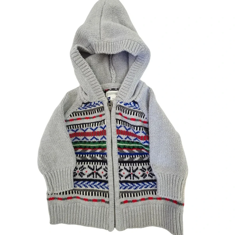 Gymboree Baby Boys Gray Fair Isle Hooded Zip Up Knit Sweater 0-3 Months